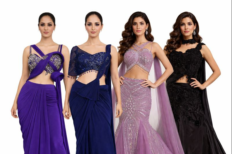 Four women wearing elegant evening gowns in purple, blue, pink, and black.