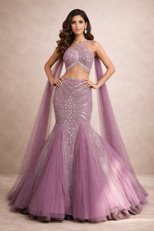 Mauve Pink Embellished Lehenga Set with Sheer Drape (Style No-8241)