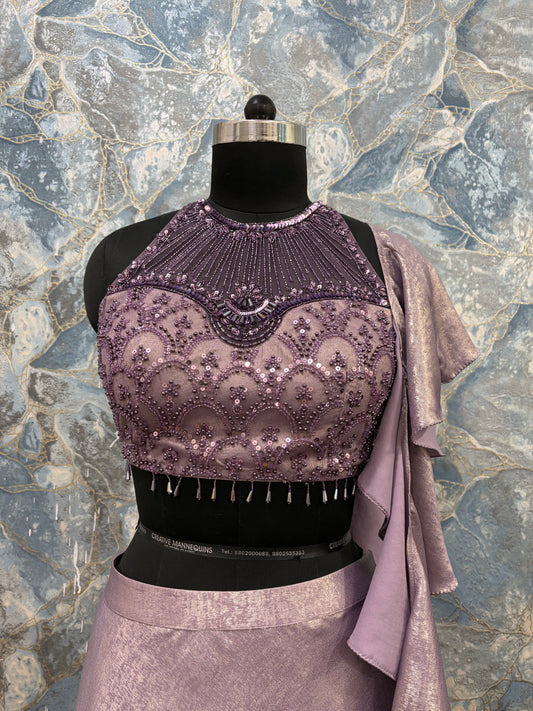 Lavender Shimmer Lehenga Set with Embroidered Blouse & Ruffle Drape