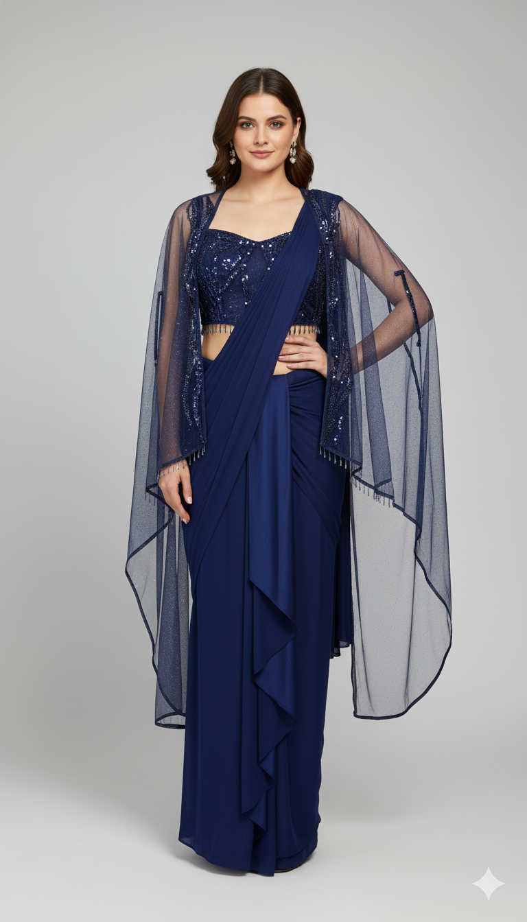  a navy blue pre-draped saree with a sequinned blouse and sheer cape, styled for an elegant evening look