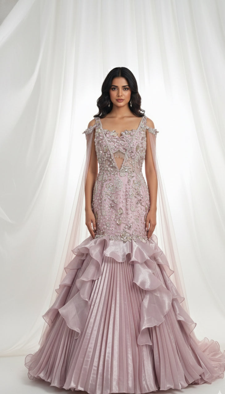 Woman wearing a blush pink embellished mermaid evening gown with beaded embroidery, sheer shoulder drapes, and a ruffled pleated skirt.